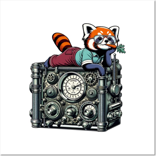 Red Panda Relaxing on Vintage Radio - Unique Digital Art Wall Art by TimeWarpWildlife